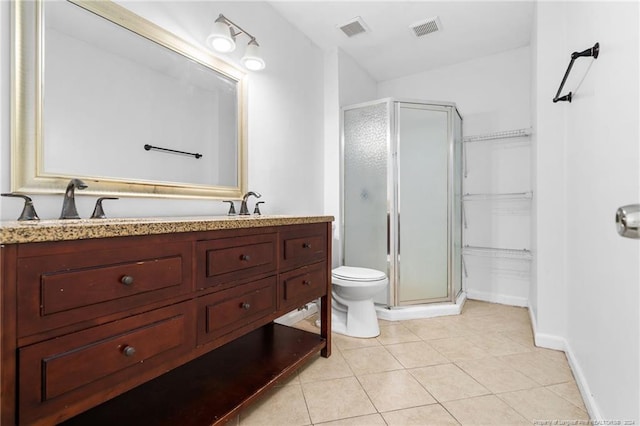 bathroom with tile patterned flooring, vanity, toilet, and walk in shower