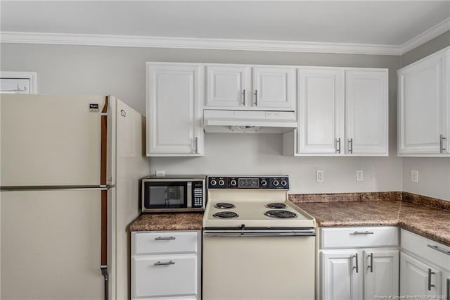 kitchen with white cabinets, white appliances, and ornamental molding