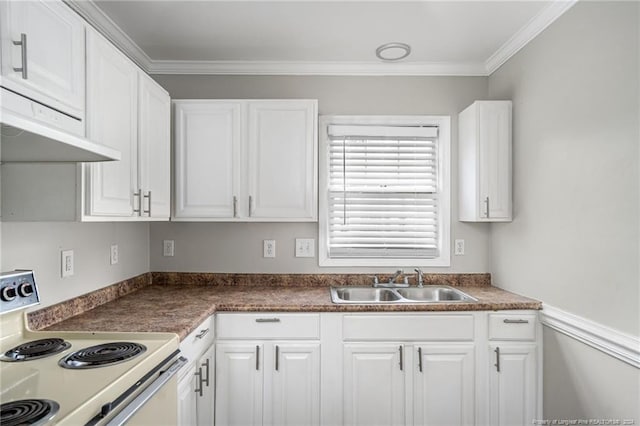 kitchen with white cabinets, ornamental molding, white electric range oven, and sink