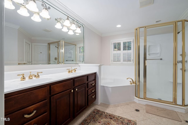 bathroom with separate shower and tub, crown molding, tile patterned floors, and vanity