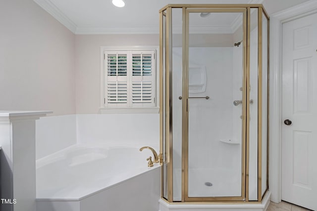 bathroom featuring plus walk in shower and crown molding