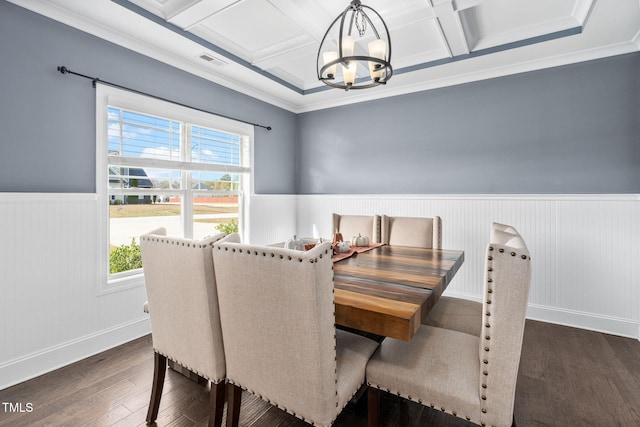 dining area with an inviting chandelier, dark hardwood / wood-style flooring, crown molding, and coffered ceiling