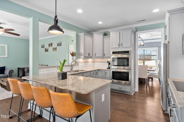 kitchen with light stone countertops, sink, dark wood-type flooring, decorative backsplash, and appliances with stainless steel finishes