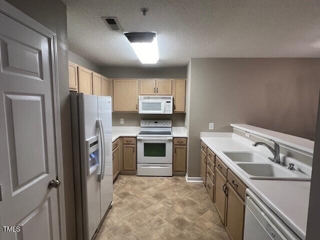 kitchen featuring a textured ceiling, light brown cabinetry, sink, and appliances with stainless steel finishes