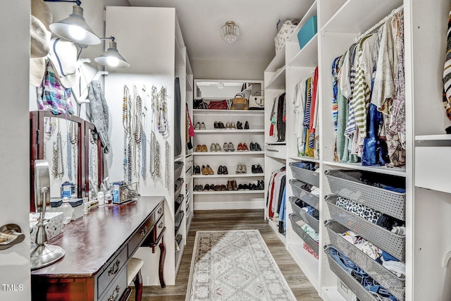 walk in closet featuring dark wood-type flooring