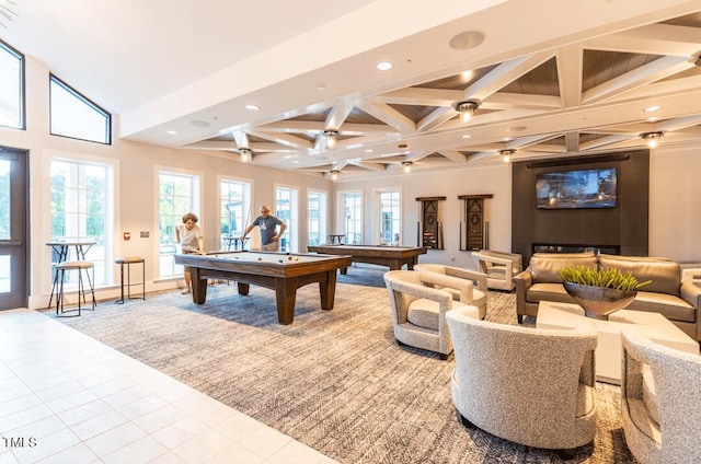 playroom with light tile patterned floors, billiards, coffered ceiling, beam ceiling, and recessed lighting