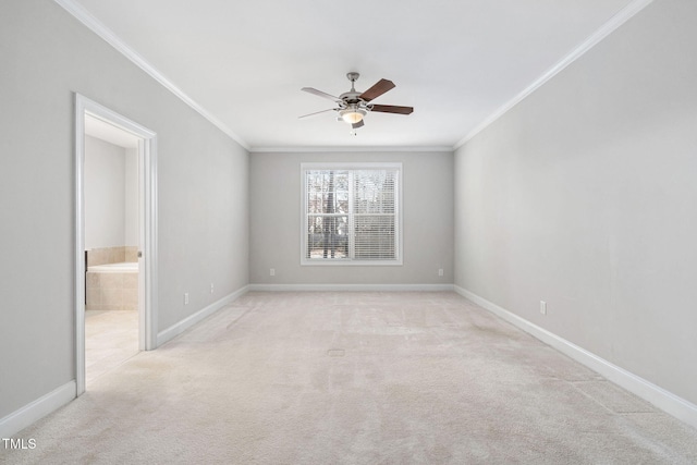 empty room with light carpet, ceiling fan, and ornamental molding