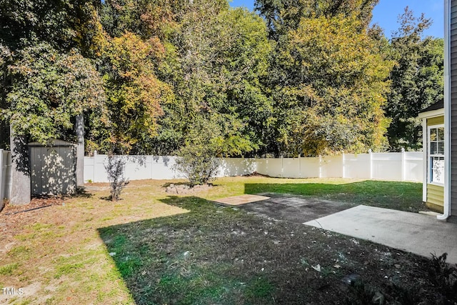 view of yard with a patio area, a fenced backyard, a shed, and an outdoor structure