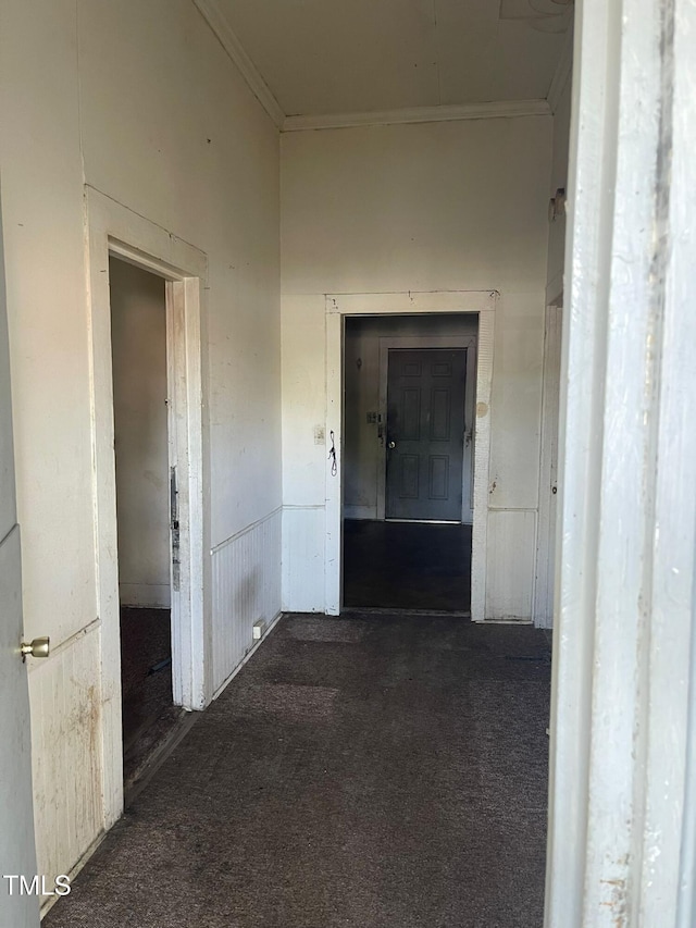 hallway with crown molding and dark colored carpet