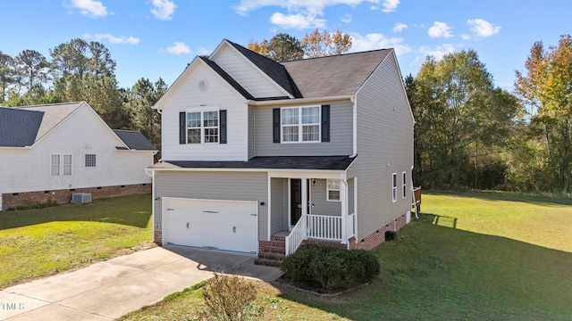 view of front of property with a front lawn, central AC unit, and a garage