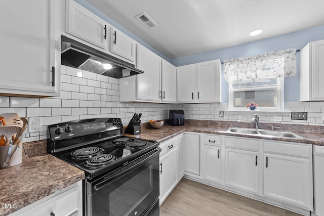 kitchen featuring tasteful backsplash, black / electric stove, white cabinetry, and sink