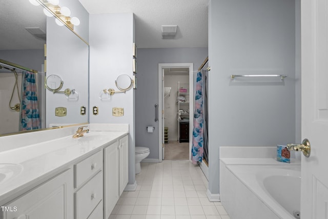 full bathroom with tile patterned flooring, a textured ceiling, toilet, vanity, and independent shower and bath