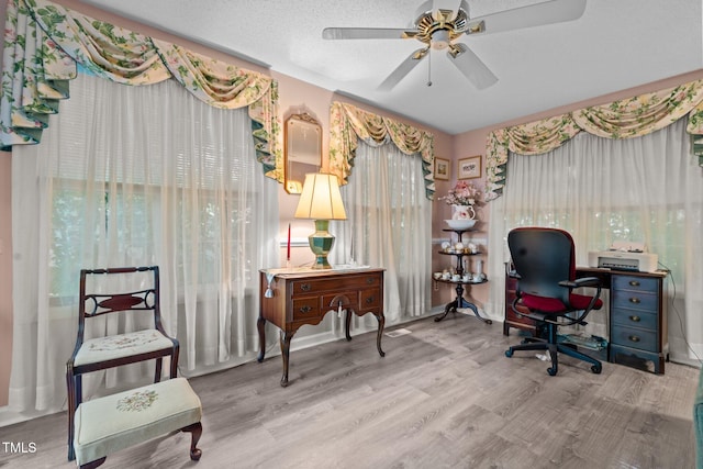 office with hardwood / wood-style floors, ceiling fan, and a textured ceiling