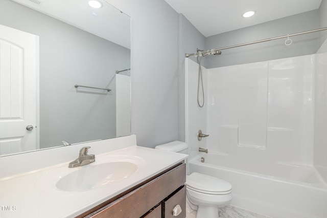 full bathroom featuring shower / bathing tub combination, vanity, recessed lighting, and toilet