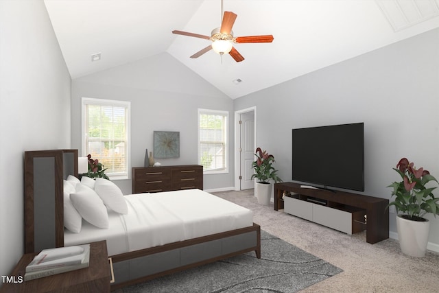 bedroom with ceiling fan, lofted ceiling, visible vents, and carpet