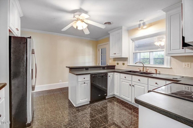 kitchen featuring stainless steel refrigerator, dishwasher, sink, white cabinets, and ornamental molding