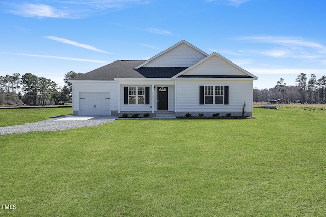 view of front of home with a front yard, an attached garage, driveway, and roof with shingles