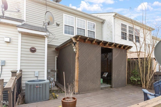 deck featuring central air condition unit and fence