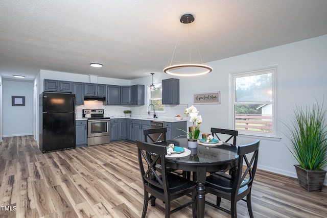 dining space with hardwood / wood-style floors, a textured ceiling, plenty of natural light, and sink