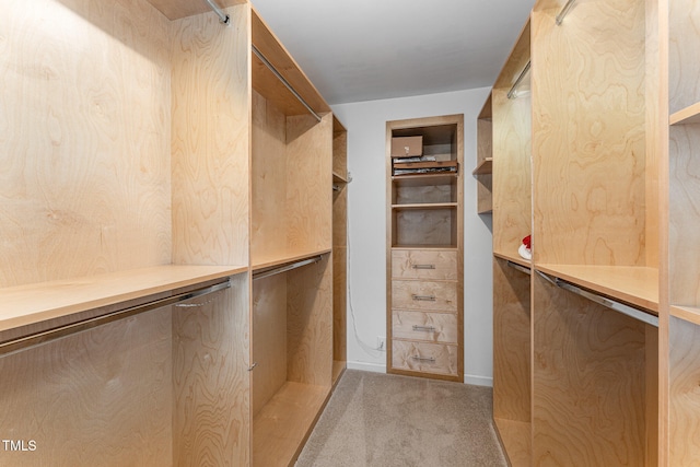 walk in closet featuring light carpet