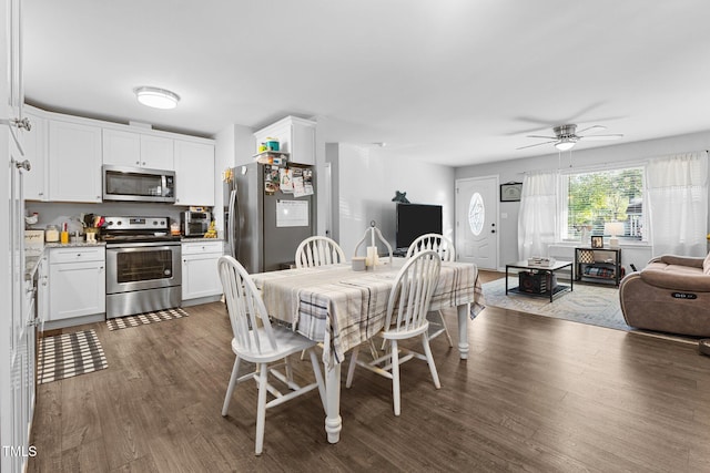 dining room featuring ceiling fan and dark hardwood / wood-style flooring