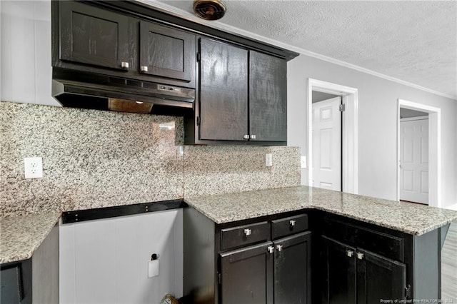 kitchen with light stone counters, kitchen peninsula, crown molding, extractor fan, and a textured ceiling