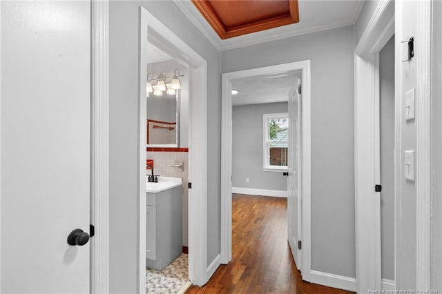 hallway with dark hardwood / wood-style flooring and crown molding