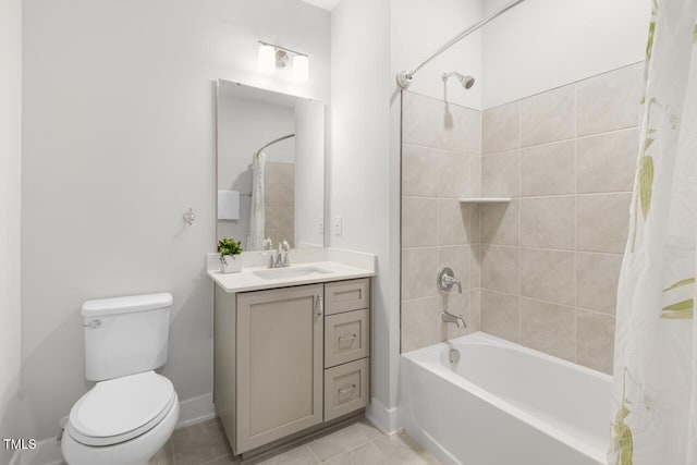 full bathroom featuring toilet, shower / tub combo, vanity, and tile patterned floors