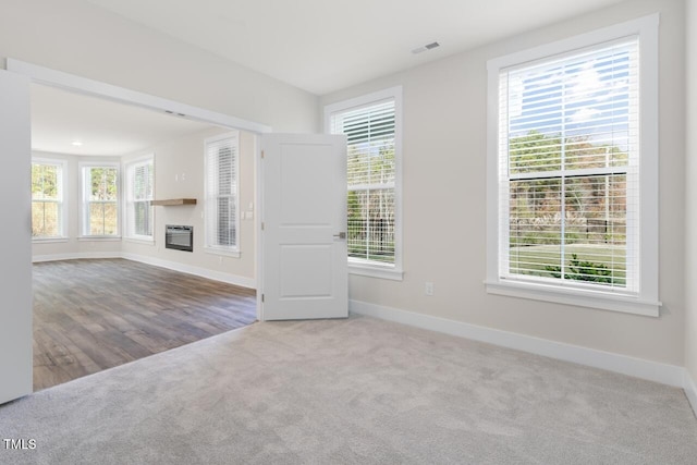 unfurnished living room with wood-type flooring, heating unit, and a wealth of natural light