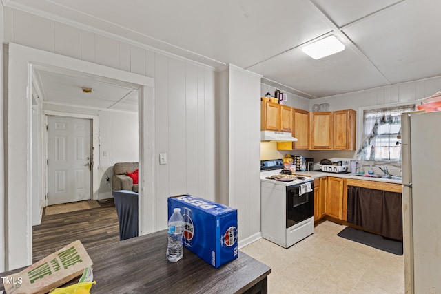 kitchen with wooden walls, sink, light hardwood / wood-style floors, and white appliances