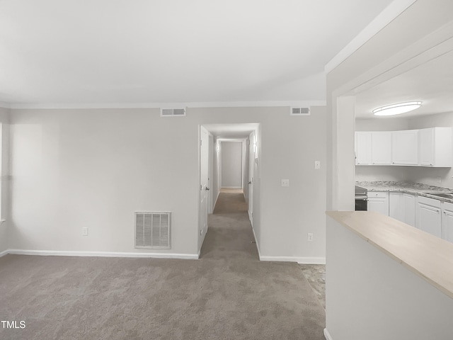 unfurnished room featuring light colored carpet, crown molding, and sink