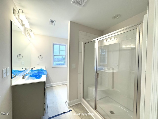 full bath with baseboards, vanity, visible vents, and a shower stall