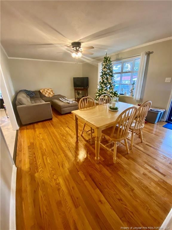 dining area featuring ceiling fan, light hardwood / wood-style floors, and ornamental molding