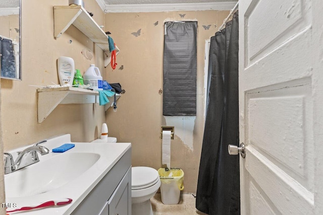 bathroom with a textured ceiling, vanity, toilet, and crown molding