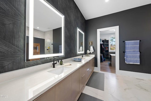 bathroom with hardwood / wood-style floors and vanity