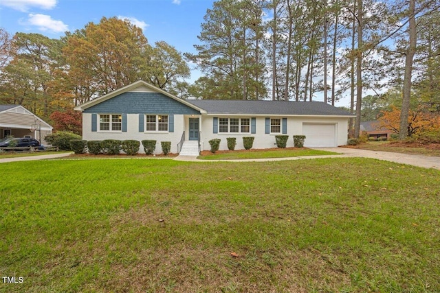 ranch-style house with a front yard and a garage