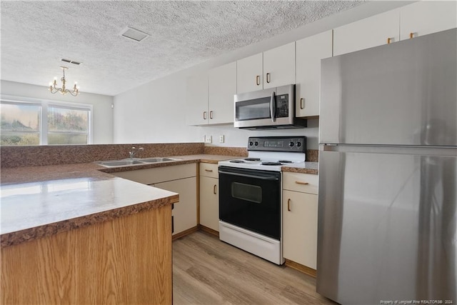 kitchen with sink, a textured ceiling, appliances with stainless steel finishes, a notable chandelier, and light hardwood / wood-style floors