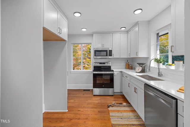 kitchen featuring a healthy amount of sunlight, sink, stainless steel appliances, and light hardwood / wood-style flooring