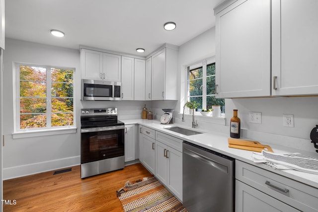 kitchen featuring sink, a healthy amount of sunlight, light wood-type flooring, and appliances with stainless steel finishes