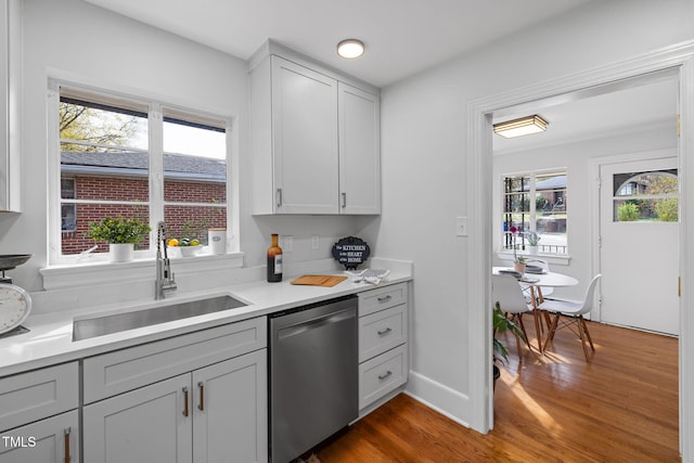 kitchen with dark hardwood / wood-style floors, stainless steel dishwasher, plenty of natural light, and sink