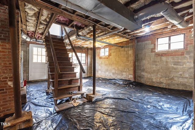 basement with brick wall