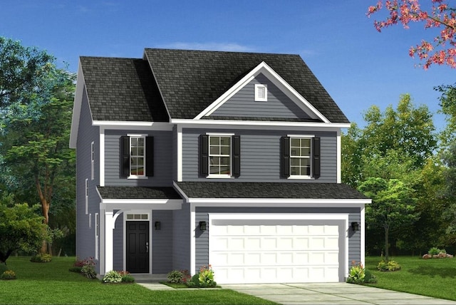 view of front facade with a garage and a front lawn