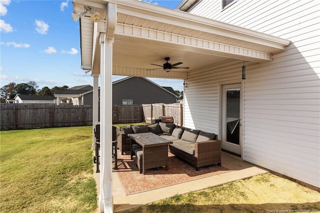 view of patio / terrace with ceiling fan and an outdoor hangout area