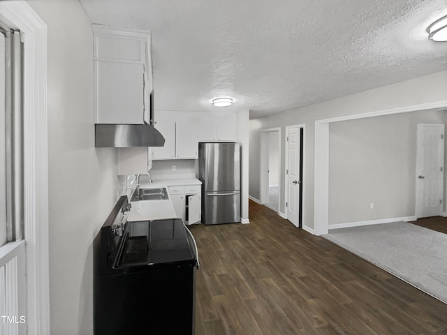 kitchen with stainless steel refrigerator, sink, dark hardwood / wood-style flooring, black electric range oven, and white cabinets