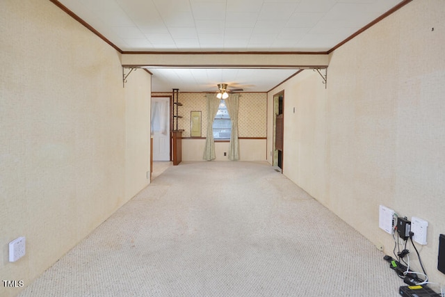 empty room featuring ceiling fan, carpet, and ornamental molding