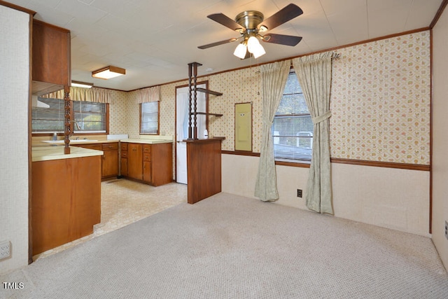 kitchen with light colored carpet, ceiling fan, crown molding, sink, and hanging light fixtures