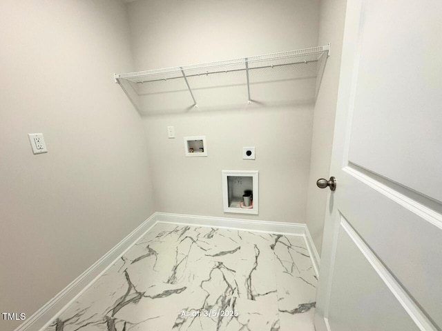 laundry area with laundry area, hookup for an electric dryer, marble finish floor, and baseboards