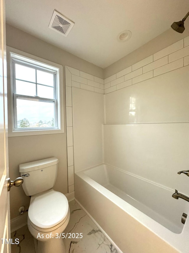 full bathroom with marble finish floor, visible vents, toilet, shower / tub combination, and baseboards