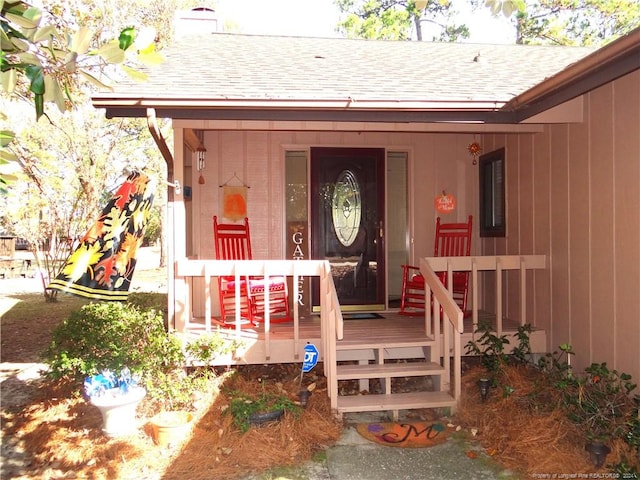 view of exterior entry featuring a porch