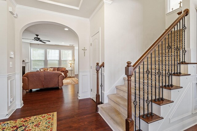 stairs with hardwood / wood-style floors, ceiling fan, and ornamental molding